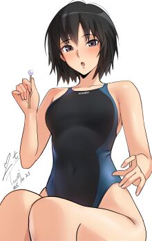 1girl absurdres amagami black_hair black_one-piece_swimsuit blush breasts commentary_request competition_swimsuit covered_navel highres looking_at_viewer medium_breasts mimikaki nanasaki_ai one-piece_swimsuit open_mouth revision short_hair simple_background sitting solo swimsuit thighs white_background yoo_tenchi