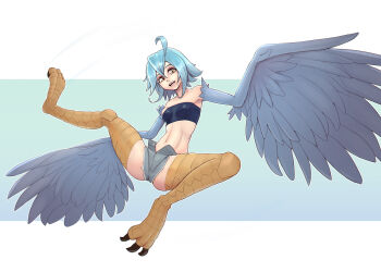 1girl ahoge bare_shoulders bird_legs blue_background blue_feathers blue_hair blue_wings breasts commentary cutoffs denim denim_shorts digitigrade english_commentary feathered_wings feathers hair_between_eyes harpy highres looking_at_viewer midriff monster_girl monster_musume_no_iru_nichijou navel open_fly open_mouth papi_(monster_musume) scales short_hair shorts small_breasts solo talons teeth two-tone_background upper_teeth_only white_background winged_arms wings yellow_eyes yorzisowo