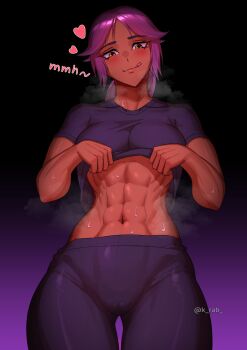 1girl :q abs black_pants black_shirt bleach blush breasts clothes_lift commentary dark-skinned_female dark_skin english_commentary gradient_background head_tilt heart highres kan_(k_rab) large_breasts lifting_own_clothes long_hair looking_at_viewer muscular muscular_female navel obliques paid_reward_available pants parted_bangs ponytail purple_background purple_hair shihouin_yoruichi shirt shirt_lift solo steaming_body stomach sweat t-shirt thigh_gap thighs tight_clothes tight_pants tongue tongue_out twitter_username undressing yellow_eyes yoga_pants