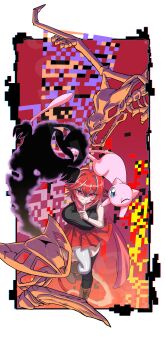 1girl :3 absurdres aerodactyl ahoge animal_skull asymmetrical_legwear bare_shoulders black_shirt black_thighhighs blue_eyes bone boots border breasts brown_footwear closed_mouth collared_shirt commission cross-laced_footwear crossed_bangs doll_joints facial_mark female_focus finger_to_mouth floating gen_1_pokemon ghost gpaper232 grey_thighhighs hair_intakes hand_up happy highres index_finger_raised joints kabutops knee_boots knees_together_feet_apart large_breasts leaning_forward leg_up legendary_pokemon looking_at_viewer mew_(pokemon) miniskirt mismatched_legwear missingno. mythical_pokemon nintendo one_eye_closed open_mouth original outside_border pleated_skirt pokemon pokemon_(creature) pokemon_tower_ghost red_background red_eyes red_hair red_scarf red_skirt scarf shirt short_hair shushing sidelocks skeleton skirt sleeveless sleeveless_shirt smile split_mouth standing standing_on_one_leg thighhighs watermark white_border wink