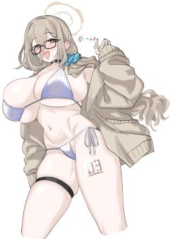 1girl akane_(blue_archive) akane_(school_uniform)_(blue_archive) bikini blue_archive blush breasts brown_cardigan brown_eyes brown_hair brown_halo cardigan choker cleavage collarbone curvy glasses groin hair_between_eyes hair_ornament hair_scrunchie halo huge_breasts long_hair long_hair_between_eyes looking_at_viewer navel number_tattoo open_cardigan open_clothes open_mouth samesann scrunchie skindentation smile solo swimsuit tattoo thigh_strap thighs white_bikini