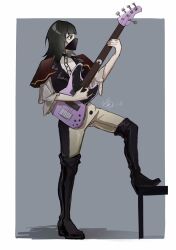 Rule 34 | 1girl, bang dream!, bang dream! it&#039;s mygo!!!!!, bass guitar, black footwear, black hair, black mask, black pants, blue eyes, boots, border, capelet, commentary, dated, full body, grey background, guitar, hashtag-only commentary, highres, holding, holding guitar, holding instrument, instrument, knee boots, long hair, mask, mouth mask, pants, playing guitar, red capelet, shirt, signature, simple background, solo, tok8505 (erica), two-tone panties, white border, white pants, white shirt, yahata umiri