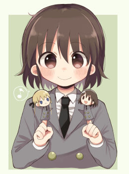 1girl absurdres bad_id bad_pixiv_id black_necktie blush brown_eyes brown_hair closed_mouth finger_puppet hanabi_(yuruneko0624) highres kill_me_baby long_sleeves looking_at_viewer musical_note necktie oribe_yasuna puppet school_uniform short_hair smile solo sonya_(kill_me_baby) speech_bubble spoken_musical_note upper_body