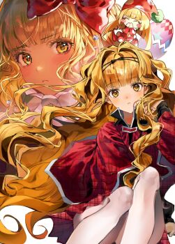 Rule 34 | 2girls, ^ ^, blonde hair, bow, capelet, closed eyes, closed mouth, covering own mouth, egg, guardian chara, hair bow, hair intakes, hairband, heart's egg (shugo chara!), highres, kusu kusu (shugo chara!), long hair, long sleeves, looking at viewer, mashiro rima, multiple girls, plaid capelet, plaid clothes, pleated skirt, polka dot, polka dot headwear, pom pom (clothes), red bow, red capelet, red skirt, school uniform, seiyo academy school uniform, shugo chara!, skirt, very long hair, wavy hair, yellow eyes, yeonneul