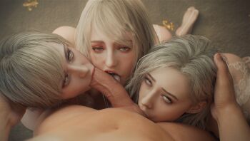 1boy 3d 3girls absurdres ashley_graham blonde_hair color_connection commentary cooperative_fellatio english_commentary fellatio fffm_foursome fugtrup grace_ashcroft group_sex hair_color_connection harem hetero highres leon_s._kennedy licking licking_penis licking_testicle looking_at_viewer multiple_girls oral penis pov pov_crotch pov_hands realistic resident_evil resident_evil_4 resident_evil_4_(remake) resident_evil_requiem sherry_birkin teamwork_(sexual) testicle_sucking testicles time_paradox trait_connection uncensored veins veiny_penis
