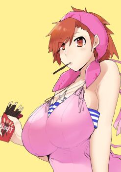 1girl bare_arms bare_shoulders blush bra breasts brown_eyes brown_hair camisole cleavage commentary cowboy_shot devil_survivor_(series) devil_survivor_1 english_commentary food food_in_mouth headscarf highres holding holding_food holding_pocky huge_breasts jewelry looking_at_viewer necklace pink_camisole pink_headscarf pink_shirt pocky pocky_in_mouth rice_grg shirt short_hair simple_background skindentation solo star_(symbol) star_necklace striped_bra striped_clothes tanigawa_yuzu underwear