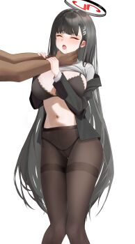 1boy 1girl absurdres asphyxiation black_bra black_hair black_halo black_jacket black_panties black_pantyhose blue_archive bra breasts choke_hold closed_eyes clothes_lift drooling feet_out_of_frame hair_ornament hairclip halo highres imjy09 jacket large_breasts long_hair long_sleeves multicolored_hair navel open_clothes open_jacket open_mouth panties panties_under_pantyhose pantyhose red_halo rio_(blue_archive) simple_background solo_focus strangling sweater sweater_lift two-tone_hair underwear very_long_hair white_background