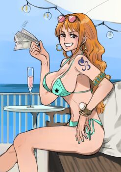 1girl armlet bangle banknote bare_legs bare_shoulders bikini blue_bikini blue_nails blue_sky bracelet breasts brown_eyes cleavage commentary cup earrings eyewear_on_head feet_out_of_frame from_side gold_armlet gold_bangle grin halterneck highres holding holding_money hoop_earrings horizon jewelry large_breasts log_pose long_hair looking_at_viewer money nail_polish nami_(one_piece) nappa-nappa navel ocean one_piece orange_hair outdoors pink-tinted_eyewear railing shoulder_tattoo side-tie_bikini_bottom sitting sky smile solo stomach sunglasses swimsuit tattoo thighs tinted_eyewear wavy_hair