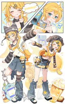 1boy 1girl :q ;d absurdres animal_hat arm_warmers bandaid bandaid_on_face bandaid_on_nose beanie blonde_hair blue_shoes blue_shorts blush brother_and_sister camcorder cat_hat closed_eyes closed_mouth collarbone commentary cropped_shirt crumbs english_text engrish_text fish_skeleton_hat_ornament floppy_disk food full_body goggles goggles_on_headwear grey_hat grey_tank_top grey_thighhighs hair_ornament hat highres kagamine_len kagamine_rin leg_warmers long_sleeves looking_at_viewer midriff navel notice_lines one_eye_closed open_mouth outline outstretched_arm pudding ranguage shana_deco shirt shoes short_hair shorts siblings single_thighhigh sleeveless sleeveless_shirt smile standing star_(symbol) star_hair_ornament striped_clothes striped_thighhighs symbol-only_commentary tamagotchi_(virtual_pet) tank_top thighhighs tongue tongue_out twins v video_camera virtual_pet_(toy) vocaloid white_outline white_shirt x_hair_ornament yellow_shirt