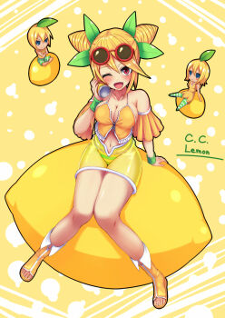 1boy 2girls :d bare_shoulders blonde_hair blush breasts c.c._lemon c.c._lemon_(character) cleavage commentary_request coupe50 detached_sleeves fang food fruit large_breasts leaf lemon multiple_girls navel open_mouth red_eyes revision sitting smile striped_clothes striped_thighhighs sunglasses thighhighs
