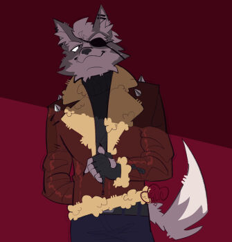 1boy a_fox_in_space animal_ears artist_name black_pants brown_jacket claws closed_mouth eyepatch fingerless_gloves fur-trimmed_jacket fur_trim furry furry_male gloves highres iglioatelle jacket leather leather_jacket looking_to_the_side male_focus nintendo one_eye_covered pants red_background signature smile star_fox wolf_boy wolf_ears wolf_o&#039;donnell
