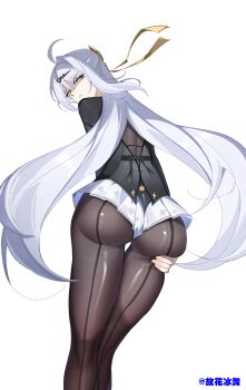 Rule 34 | 1girl, absurdres, ahoge, ass, back-seamed legwear, black pantyhose, bodystocking, commentary request, cowboy shot, from behind, grabbing own thigh, guhuabingwu, hair ornament, hairpin, highres, long hair, long legs, looking at viewer, looking back, official alternate costume, pantyhose, parted lips, ribbon, seamed legwear, simple background, single hair intake, solo, twitter username, very long hair, white background, white hair, yellow eyes, yellow ribbon, yixuan (trails of ink) (zenless zone zero), yixuan (zenless zone zero), zenless zone zero