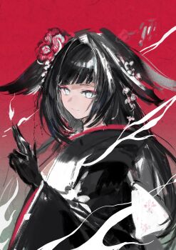 1girl absurdres arknights black_hair black_kimono blue_eyes closed_mouth d_quan eyeshadow flower gloves gradient_background hair_flower hair_intakes hair_ornament highres japanese_clothes kimono long_hair long_sidelocks looking_to_the_side makeup mio_(arknights) multicolored_hair multicolored_kimono red_eyeshadow red_flower sidelocks solo split-color_clothes two-tone_kimono upper_body very_long_sidelocks wide_sleeves