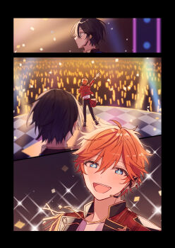 +_+ 2boys absurdres akehoshi_subaru arm_up black_border black_hair blue_eyes border confetti ensemble_stars! facing_away hair_between_eyes hidaka_hokuto highres jacket light_rays looking_at_viewer male_focus multiple_boys multiple_views open_mouth orange_hair red_jacket short_hair smile stage stage_lights teeth upper_teeth_only zu_tonatuyasumi