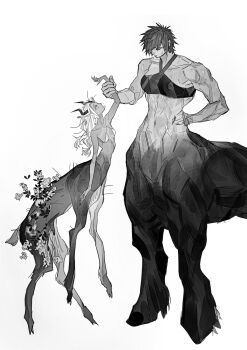 2girls centaur centauroid commentary deer_girl full_body grabbing_another's_arm greyscale hand_on_own_hip highres horns leaf_in_hair messy_hair monochrome monster_girl multiple_girls muscular muscular_female original plant s_xing_guowang scar scars_all_over simple_background symbol-only_commentary taur too_many white_background