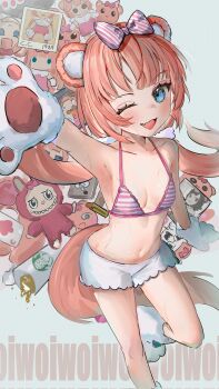 1girl armpits arms_up bikini bikini_top_only blue_eyes breasts cat_paws cat_tail cawfy chromu fang flat_chest indie_virtual_youtuber midriff navel pink_hair shorts small_breasts stomach tagme tail virtual_youtuber