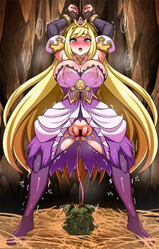 1girl armpits bar_censor bdsm blonde_hair blush bondage bound bound_wrists breasts cave censored chelle_(dragalia_lost) collarbone crown detached_sleeves dragalia_lost female_focus giving_birth goblin green_eyes hay indoors lactation lactation_through_clothes large_breasts long_hair mother_and_child open_mouth pantyhose pregnant pussy pussy_juice restrained rope skirt standing torn_clothes torn_pantyhose umbilical_cord wrists_tied_together yagami_(mukage)