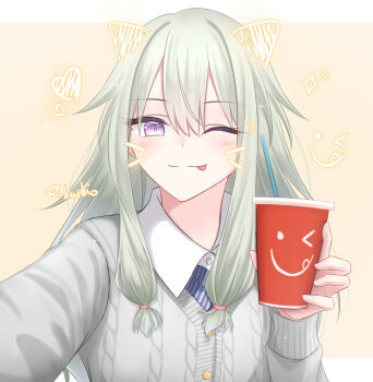 Rule 34 | 1girl, ;p, absurdres, artist name, blush, cardigan, closed mouth, commentary, cup, disposable cup, drawn ears, drawn whiskers, drinking straw, english commentary, green hair, hair between eyes, heart, highres, holding, holding cup, kusanagi nene, kushiro147, long hair, long sleeves, looking at viewer, low-tied sidelocks, one eye closed, project sekai, purple eyes, sepia background, shirt, sidelocks, solo, star (symbol), striped clothes, striped shirt, tongue, tongue out, two-tone background, white background