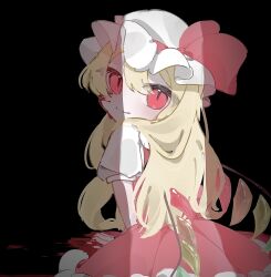 Rule 34 | 1girl, absurdres, blonde hair, blood, blood on face, blood on hands, blush, closed mouth, commentary request, crystal, flandre scarlet, gotamashii, hat, highres, long hair, looking at viewer, mob cap, multicolored wings, red eyes, red skirt, red vest, short sleeves, skirt, skirt set, slit pupils, smile, solo, touhou, vest, white hat, wings