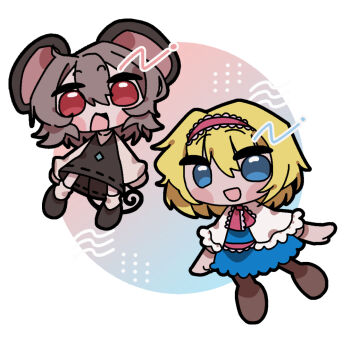 Rule 34 | 2girls, :d, alice margatroid, animal ears, ascot, blonde hair, blue dress, blue eyes, boots, brown boots, capelet, chibi, chibi only, commentary request, cookie (touhou), dress, frilled hairband, frills, full body, grey dress, grey hair, grey shoes, hair between eyes, hairband, ichigo (cookie), long sleeves, looking at viewer, melanin shikiso, mouse ears, mouse girl, mouse tail, multiple girls, nazrin, nyon (cookie), open mouth, pink ascot, pink hairband, pink sash, red eyes, sash, shirt, shoes, short hair, smile, socks, tail, touhou, white background, white capelet, white shirt, white socks