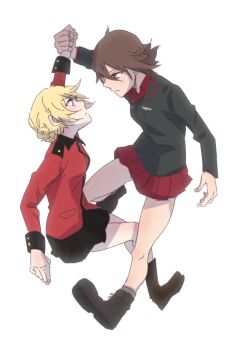 Rule 34 | 10s, 2girls, blonde hair, blush, boots, braid, brown eyes, brown hair, darjeeling (girls und panzer), eye contact, french braid, girls und panzer, holding another's wrist, kuromorimine military uniform, lamen3000, looking at another, multiple girls, nishizumi maho, short hair, sketch, skirt, st. gloriana's military uniform, white background