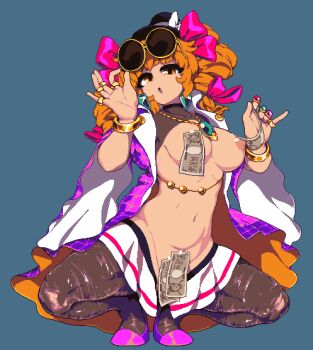 1girl alternate_breast_size banknote black_thighhighs breasts coat convenient_censoring dollar_bill drill_hair eyewear_on_head full_body gold grey_background hat high_heels jewelry large_breasts looking_at_viewer mini_hat mini_top_hat money namako_daibakuhatsu nipples open_mouth orange_eyes orange_hair purple_coat ring shoes simple_background solo spread_legs squatting sunglasses thick_thighs thighhighs thighs top_hat touhou twin_drills yorigami_jo'on