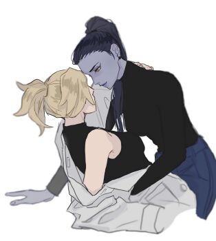 Rule 34 | 2girls, black shirt, blonde hair, blue pants, breasts, commentary request, highres, jacket, korean commentary, long hair, long sleeves, medium breasts, mercy (overwatch), multiple girls, open clothes, open jacket, overwatch, pants, ponytail, shirt, short hair, simple background, sleeveless, sleeveless shirt, ssozei, white background, white jacket, widowmaker (overwatch), yuri