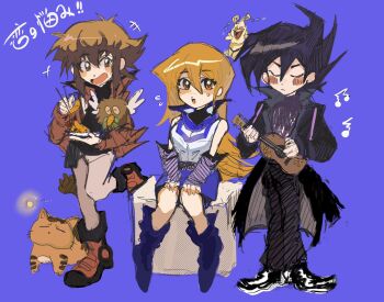 +++ 1girl 2boys :o black_coat black_hair black_pants black_shirt black_shoes blue_background blue_boots blue_skirt boots brown_eyes brown_hair cat chopsticks closed_eyes closed_mouth coat food full_body grey_pants hair_between_eyes highres holding holding_chopsticks instrument jacket long_hair long_sleeves manjoume_jun multiple_boys musical_note ojama_yellow open_clothes open_coat open_jacket open_mouth pants pharaoh_(cat) pipiyjy purple_shirt red_jacket shirt shoes short_hair shrimp shrimp_tempura simple_background sitting skirt sleeveless sleeveless_jacket smile standing standing_on_one_leg sweat tempura tenjouin_asuka u_u ukulele white_jacket winged_kuriboh yu-gi-oh! yu-gi-oh!_gx yuki_judai
