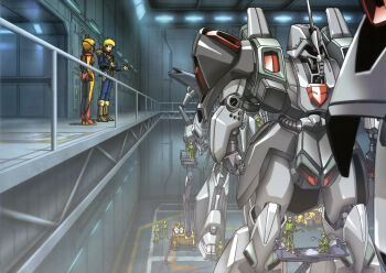 1girl 6+boys artist_request blonde_hair cable galluss-j glemy_toto gundam gundam_perfect_file gundam_zz hangar highres machinery mask mecha mecha_pilot_suit military_uniform mobile_suit mouth_mask multiple_boys neo_zeon official_art orange_hair puru_two robot scan scene_reference science_fiction spacecraft_interior tagme talking
