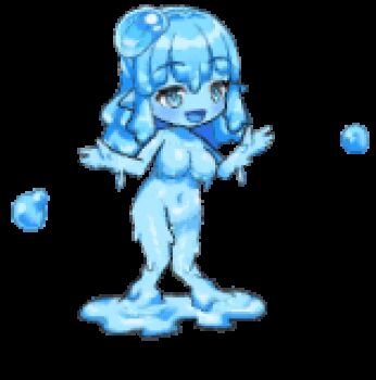 1girl :d animated animated_gif aqua_eyes artist_request bad_source blinking blue_hair blue_skin blush bouncing_breasts breasts chibi colored_skin completely_nude floating_liquid full_body hands_up idle_animation large_breasts lime_(mon-musu_quest!) long_hair lowres mon-musu_quest! monster_girl monster_musume_td navel no_nipples no_pussy nude official_art open_mouth outstretched_arms pointy_ears simple_background slime_(substance) slime_girl smile solo spread_arms standing third-party_source transparent_background