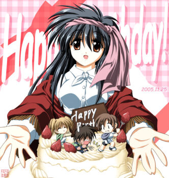 Rule 34 | 1boy, 3girls, :t, artist name, birthday, birthday cake, black eyes, black hair, blonde hair, brown eyes, brown hair, cake, chibi, chocolate, closed eyes, closed mouth, collared shirt, comedic sweatdrop, commentary, dated, eating, f20 (funimaru), food, food theft, fork, fringe trim, fruit, full mouth, grin, hair over eyes, hairband, happy birthday, holding, holding chocolate, holding food, holding fork, icing, long hair, looking at another, looking at viewer, maria short, mini person, miniboy, minigirl, multiple girls, notice lines, on food, open hands, open mouth, outstretched arms, patty sole, pink hairband, red shawl, shawl, sheela sheffield, shirt, smile, strawberry, white shirt, yuukyuu gensoukyoku