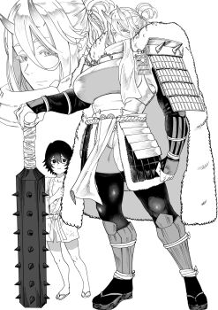 1boy 1girl armor club_(weapon) expressionless groin highres horns monochrome oni shimizu_ginkaku size_difference tagme weapon