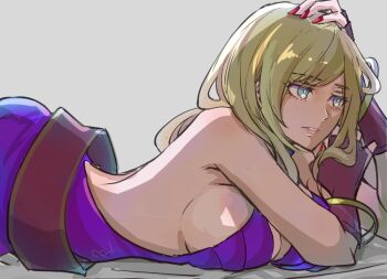 1girl b._jenet backless_dress backless_outfit bare_shoulders belt blonde_hair blue_eyes bracelet breasts commentary_request dress fatal_fury fatal_fury:_city_of_the_wolves fingerless_gloves gloves gold_bracelet large_breasts long_hair loose_belt nail_polish neli_mmnn purple_dress red_nails sideboob snk solo the_king_of_fighters