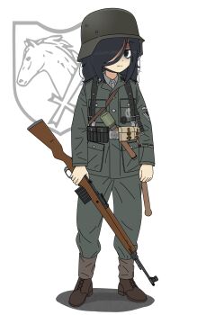 1girl absurdres alternate_costume assault_rifle bags_under_eyes belt black_belt black_cat03 black_hair boots brown_boots clenched_hand closed_mouth combat_helmet commentary commission dot_nose emblem english_commentary explosive full_body gewehr_43 green_eyes green_jacket green_pants grenade grey_shirt gun hair_over_one_eye helmet highres holding holding_gun holding_weapon jacket kuroki_tomoko long_sleeves looking_at_viewer medium_hair military_uniform nazi pants rifle shirt simple_background soldier solo stahlhelm waffen-ss watashi_ga_motenai_no_wa_dou_kangaetemo_omaera_ga_warui! weapon white_background