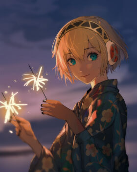 1girl absurdres aigis_(persona) android blonde_hair blue_eyes blue_kimono blurry blurry_background closed_mouth commentary dusk fireworks floral_print floral_print_kimono from_side gold_hairband hair_between_eyes hairband hands_up highres holding holding_fireworks japanese_clothes kimono looking_at_viewer mechanical_arms omegarer outdoors persona persona_3 print_kimono robot_ears short_hair smile solo sparkler upper_body
