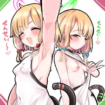 2girls :d ^_^ alternate_language armpits blonde_hair blue_archive breasts closed_eyes commentary_request green_eyes highres loli midori_(battlesuit)_(blue_archive) midori_(blue_archive) momoi_(battlesuit)_(blue_archive) momoi_(blue_archive) multiple_girls open_mouth presenting_armpit shiming_liangjing short_hair siblings sisters small_breasts smile translation_request twins