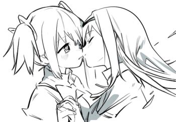 2girls akemi_homura blush bow bowtie closed_eyes collared_shirt commentary_request cropped_torso fingernails floating_hair hairband high_collar holding_hands interlocked_fingers kaname_madoka kiss kokoro6636 layered_shirt lineart long_hair looking_at_another mahou_shoujo_madoka_magica mahou_shoujo_madoka_magica_(anime) mitakihara_school_uniform multiple_girls one_eye_closed petals school_uniform shirt short_hair short_twintails sidelocks simple_background straight_hair tareme twintails very_long_hair white_background yuri