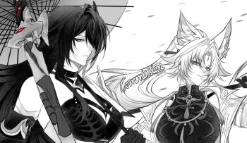 2girls acheron_(honkai:_star_rail) animal_ear_fluff animal_ears aqua_eyes bandages breasts choker cleavage commentary crop_top earrings english_commentary feixiao_(honkai:_star_rail) flame_print fox_ears gloves greyscale hair_ornament highres honkai:_star_rail honkai_(series) jacket jewelry large_breasts long_hair looking_at_viewer monochrome multiple_girls neck_tassel nuwy_03 oil-paper_umbrella open_clothes open_jacket purple_eyes strap sword tassel umbrella very_long_hair weapon