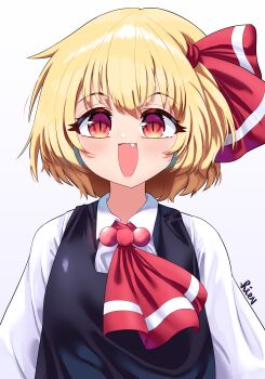 Rule 34 | 1girl, artist name, ascot, black vest, blonde hair, collared shirt, fang, gradient eyes, hair ribbon, highres, long sleeves, looking at viewer, multicolored eyes, open mouth, red ascot, red eyes, red ribbon, ribbon, rion (user ufvg8527), rumia, shirt, short hair, slit pupils, solo, touhou, two-tone ascot, two-tone ribbon, upper body, vest, white ascot, white ribbon, white shirt