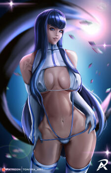 bare_shoulders bikini blue_background blue_eyes blue_gloves blue_hair boots breasts covered_erect_nipples elbow_gloves gloves gradient_background highres kill_la_kill kiryuuin_satsuki large_breasts long_hair midriff navel signature smile string_bikini swimsuit tonyra turtleneck two-tone_gloves white_boots white_gloves