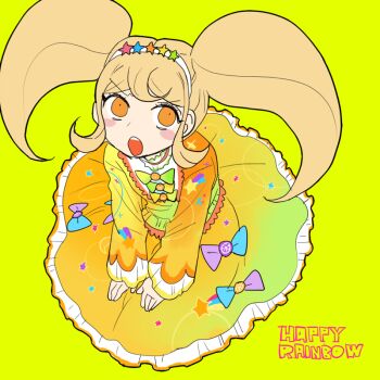 1girl aikatsu!_(series) alternate_costume blonde_hair blush blush_stickers bow commentary_request danganronpa_(series) danganronpa_2:_goodbye_despair dress eyelashes full_body long_hair long_sleeves nezu_(astarear) open_mouth orange_eyes saionji_hiyoko sidelocks simple_background solo star_(symbol) star_print teeth twintails upper_teeth_only v-shaped_eyebrows white_hair yellow_background yellow_dress yellow_theme