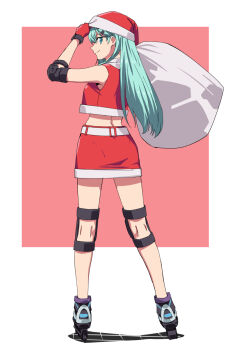 1girl character_request christmas closed_mouth elbow_pads full_body gloves hat highres holding holding_sack ishii_hisao knee_pads long_hair looking_at_viewer original red_gloves red_skirt roller_skates sack santa_hat skates skirt smile solo