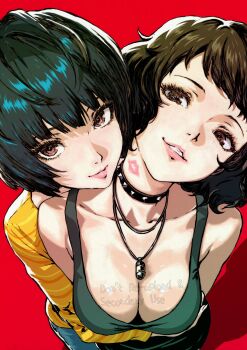 2girls absurdres black_hair breasts brown_eyes brown_hair closed_mouth clothes_swap highres kawakami_sadayo large_breasts lipstick_mark lipstick_mark_on_neck multiple_girls oeilvert_fft parted_lips persona persona_5 red_background short_hair simple_background takemi_tae teeth yuri