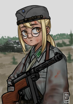 1girl ammunition_pouch artist_name bags_under_eyes blonde_hair blood blood_on_clothes blood_on_face buckle_straps collar crack cracked_glass glasses gun gun_sling hat long_hair mardjan military military_hat military_uniform military_vehicle motor_vehicle original parted_lips ponytail pouch round_eyewear stug_iii submachine_gun suomi_kp/-31 tank tree weapon world_war_ii yellow_eyes
