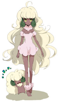 1girl ahoge barefoot blonde_hair blush breasts cleavage collar commentary_request creature_and_personification dark-skinned_female dark_skin dress full_body fur_collar gen_5_pokemon long_hair looking_at_viewer nakamura_sandayo nintendo parted_lips personification pink_collar pink_dress pokemon pokemon_(creature) standing toes whimsicott yellow_eyes