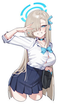 1girl 9nojo asuna_(blue_archive) asuna_(school_uniform)_(blue_archive) asymmetrical_bangs black_choker blonde_hair blue_archive blue_bow blue_bowtie blue_eyes blue_halo blue_nails blue_skirt bow bowtie breasts button_gap choker hair_over_one_eye halo highres large_breasts long_hair looking_at_viewer loose_bowtie miniskirt pleated_skirt shirt skirt smile solo very_long_hair white_background white_shirt
