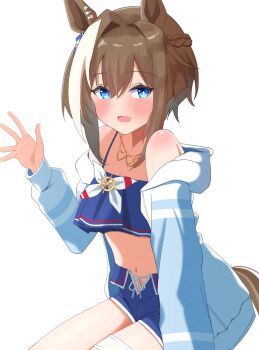 1girl acht_augen animal_ears bikini bikini_shorts blue_bikini blue_eyes blue_swim_trunks blush braid breasts brown_hair cheval_grand_(summer_calm_navy_drop)_(umamusume) cheval_grand_(umamusume) commentary_request hair_between_eyes half_up_half_down_braid heart heart_necklace horse_ears horse_girl horse_tail jacket jewelry long_hair looking_at_viewer multicolored_hair navel necklace official_alternate_costume official_alternate_hairstyle open_mouth shorts simple_background smile solo streaked_hair swimsuit tail umamusume waving white_background white_hair white_streaks