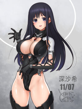 1girl alice_gear_aegis black_gloves black_hair black_thighhighs breasts center_opening dated gloves gluteal_fold grey_background highleg highleg_leotard kagome_misaki large_breasts leotard long_hair looking_at_viewer multicolored_leotard open_mouth purple_eyes signature simple_background solo takada_kazuhiro thighhighs two-tone_leotard