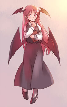 1girl arm_belt black_shoes black_skirt black_vest black_wings collared_shirt commentary_request demon_wings finger_to_mouth full_body grey_socks head_wings index_finger_raised koakuma light_blush light_smile long_hair long_sleeves necktie one-hour_drawing_challenge orange_background rangycrow red_hair red_necktie shirt shoes shushing skirt socks solo touhou vest white_shirt wings