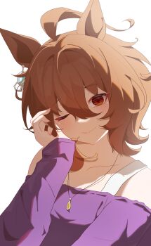 1girl absurdres agnes_tachyon_(casual)_(umamusume) agnes_tachyon_(umamusume) ahoge animal_ears bare_shoulders blush bra_strap breasts brown_hair casual collarbone earrings hair_between_eyes highres horse_ears horse_girl huge_ahoge jewelry long_sleeves looking_at_viewer medium_hair nanaken_(qijian23092715) necklace off-shoulder_shirt off-shoulder_sweater off_shoulder one_eye_closed purple_shirt purple_sweater red_eyes shirt simple_background single_earring smile solo sweater umamusume upper_body white_background